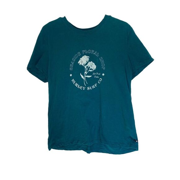 Hurley Turquoise Blue Short Sleeve Graphic Print Floral Shop Shirt Size Large - Picture 1 of 5